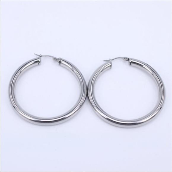NEW 18K WHITE GOLD ROUND 2” TUBE HOOP EARRINGS - Picture 4 of 6